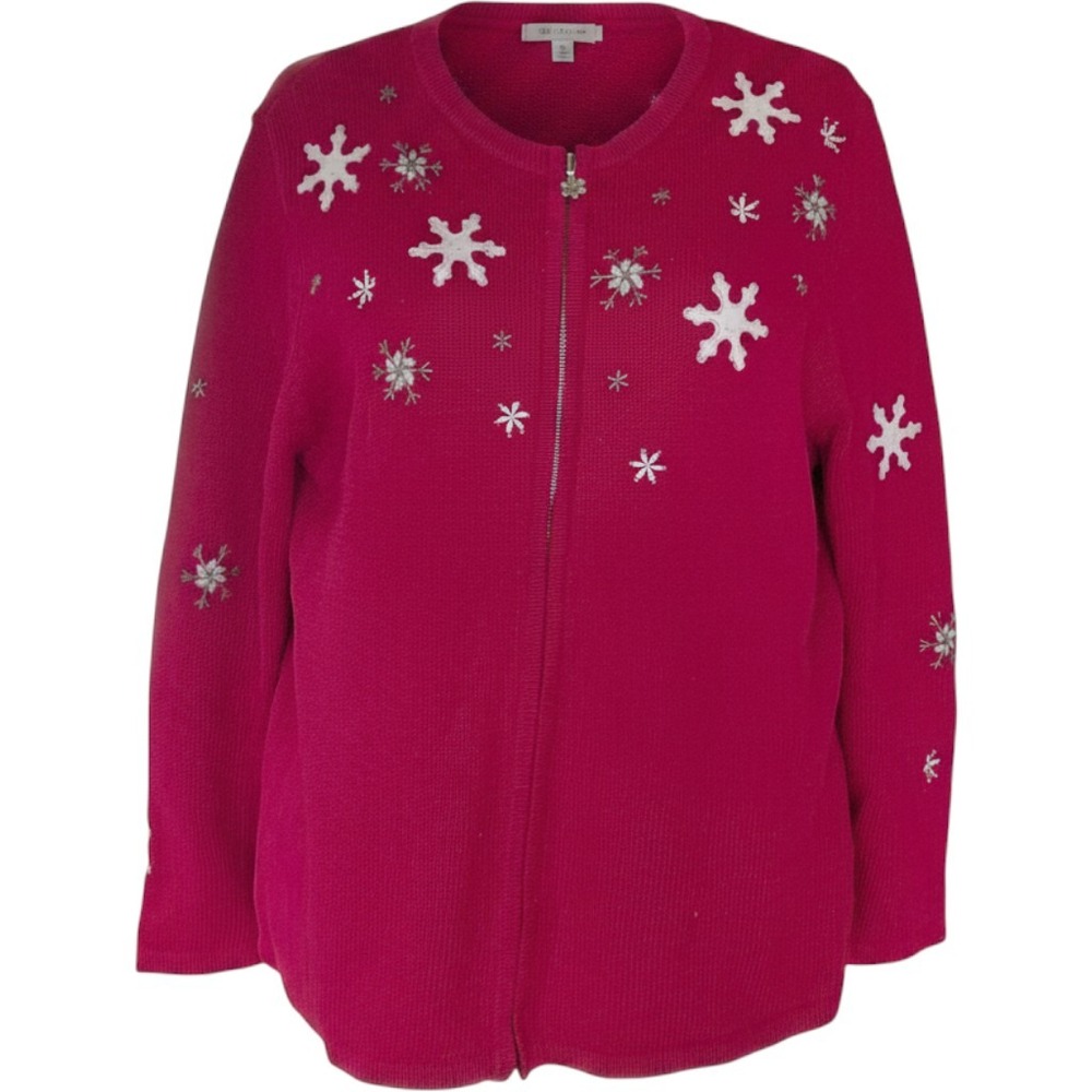 Croft & Barrow Cardigan Wms 1X Red Snowflake Zip Up‎ Winter Holiday Festive Plus